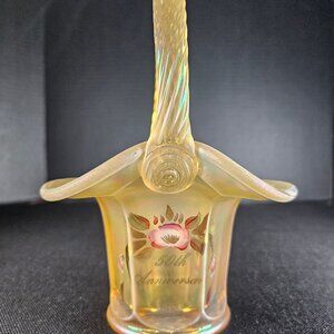Fenton Soft Amber Iridescent Hand Painted 50th Anniversary Basket Signed Stephen